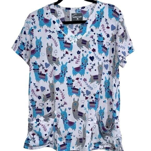 Butter-Soft V-Neck Llama Print Scrub Top M - Picture 1 of 7